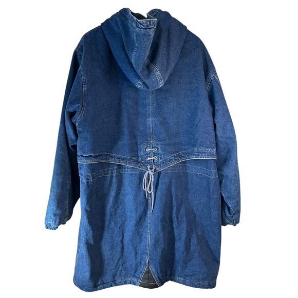 Vintage 80s Andy Johns Longline Denim Hooded Coat Jacket Utility Pockets Blue - Picture 2 of 15
